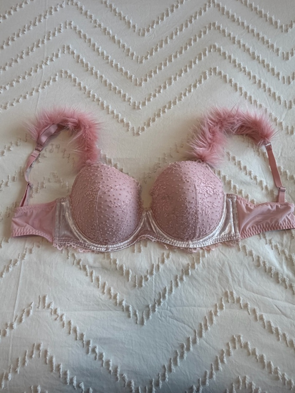 Victoria Secret Demi Blush Pink Embellished Push-Up Bra with Feather-Trim Straps